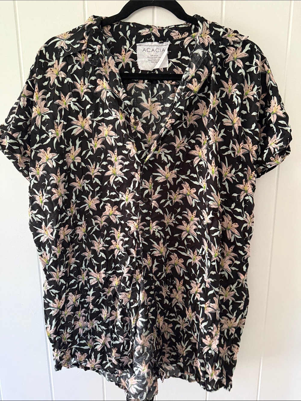 acacia swimwear Black Floral button down Short Sleeve Blouse